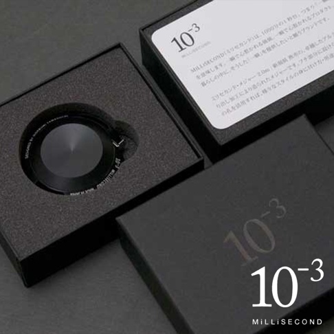 黑色鋁製卷尺，2公尺長，收納於黑色方形禮盒中，禮盒蓋上印有白色「10⁻³」標誌。