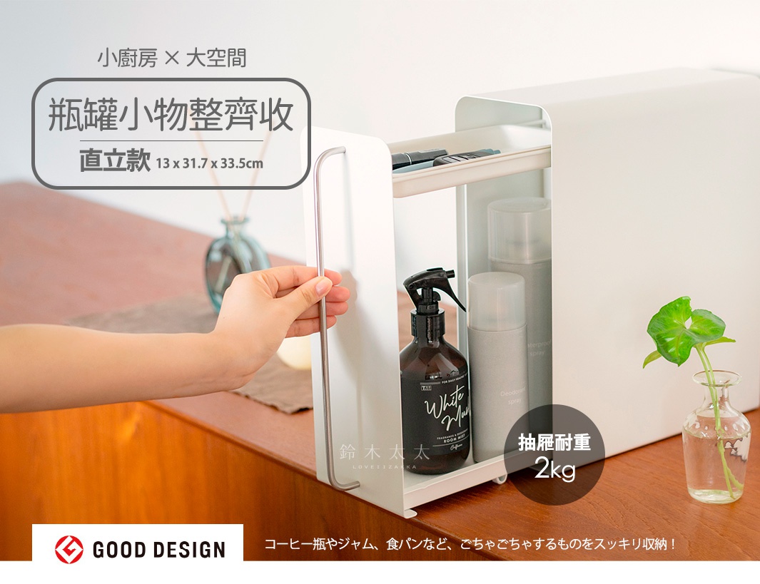 白色直立式多功能收納整理櫃，採簡約設計，可收納瓶罐及小物，櫃體為霧面材質，附有金屬把手，內部有兩層隔板，展示櫃內放置有噴霧瓶、除臭噴霧及文具。