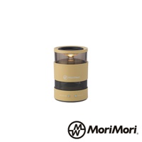 黃色圓柱形無線藍牙音響，頂部有透明燈罩，內有暖色調燈光。音響側面印有「MoriMori」品牌標誌，下方有黑色網狀喇叭孔及控制按鈕。