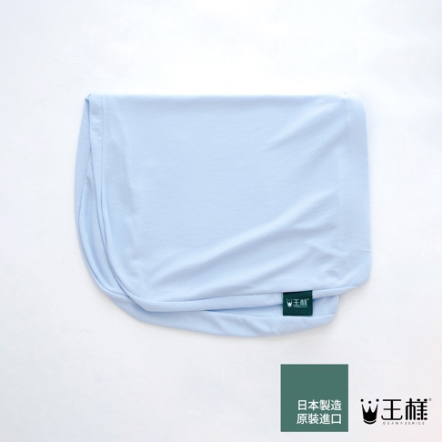 淺藍色王様の極夢枕枕套，東麗雙倍高吸放濕柔滑材質，表面有細微網格紋理，底部有品牌標籤。