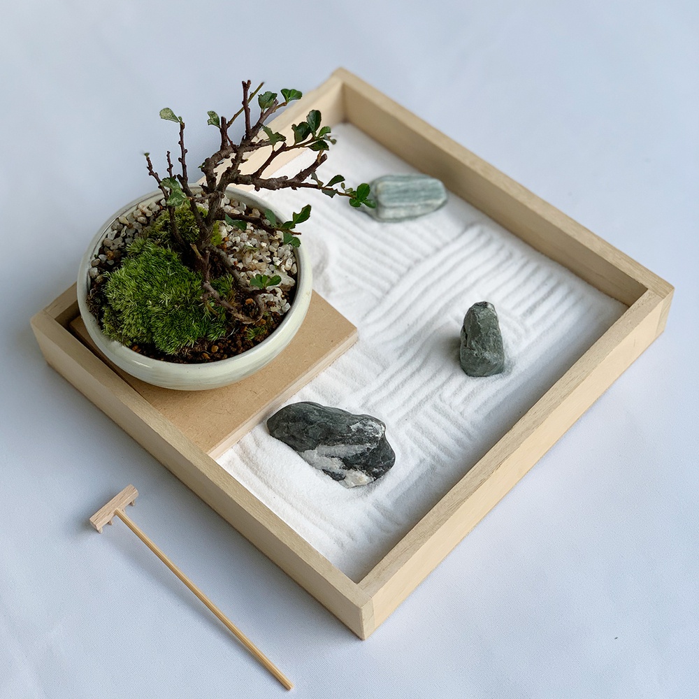 日式枯山水模型，木質淺色方盤內鋪有白色細砂，砂面耙出波浪紋。盤中左側有一盆綠色盆景，盆景內有小樹、苔蘚及碎石。盤內右側錯落擺放三塊灰色岩石。一旁有一支竹製小耙子。