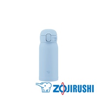 淺藍色不鏽鋼一體式中栓彈蓋式真空保溫杯，杯身上有大象標誌。