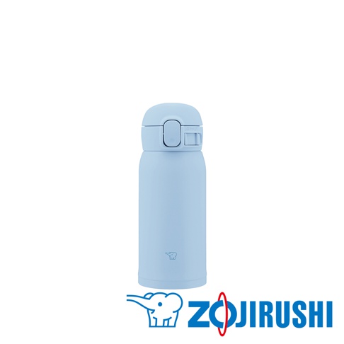 淺藍色不鏽鋼一體式中栓彈蓋式真空保溫杯，杯身上有大象標誌。