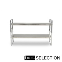 不鏽鋼雙層收納架，配有三個S型掛勾，架身為銀色，呈現簡潔實用的設計。