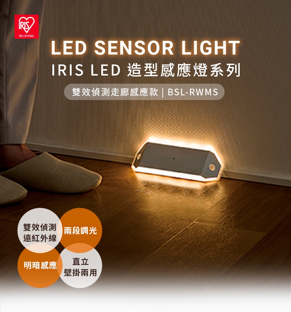 IRIS OHYAMA LED 造型感應燈，具有雙效偵測遠紅外線、兩段調光、明暗感應及直立壁掛兩用功能。