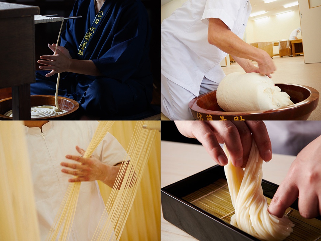 四張拼貼圖片，展示無選別稻庭烏龍麵製作過程。左上為藍色和服師傅在木盆中製作麵條。右上為白色服飾師傅揉捏白色麵團。左下為師傅雙手撥開懸掛的細長黃色麵條。右下為師傅雙手將白色麵條放入黑色木盒中的竹簾上。
