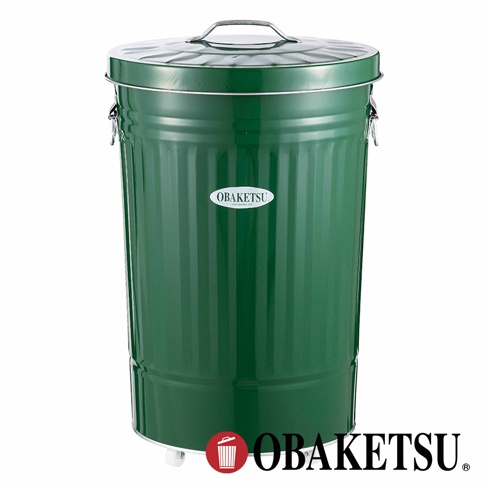 OBAKETSU 綠色手工製附輪垃圾桶，有滾紋桶身與提把，底部有輪子方便移動。
