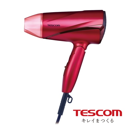 TESCOM 品牌紅色吹風機，配有可調節風速的開關和一個集風嘴。