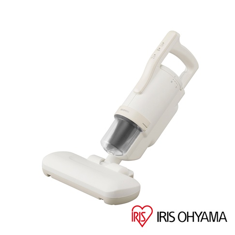 白色手持式除塵蹣機，配備透明集塵筒和寬扁吸頭，手柄上有控制按鈕。