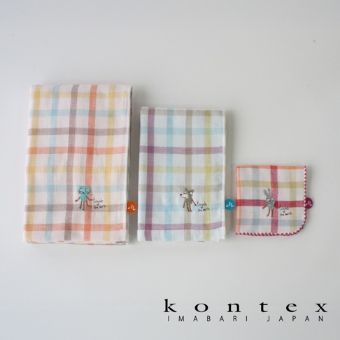 KONTEX imabari japan 三條不同尺寸的馬德拉斯格紋刺繡毛巾，上面有可愛的動物圖案。