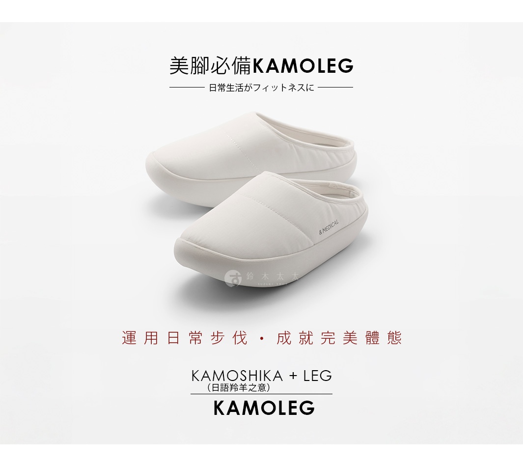 兩雙白色 &MEDICAL KAMOLEG 健身機能鞋，其中一雙靠近鏡頭，兩雙鞋皆為無鞋帶的懶人鞋款式。