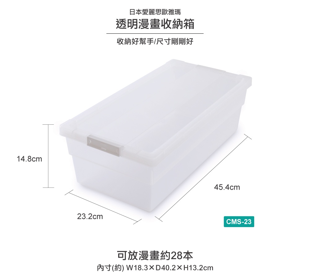 可堆疊透明收納箱，尺寸為 45.4 x 23.2 x 14.8 公分，容量約可收納 28 本漫畫