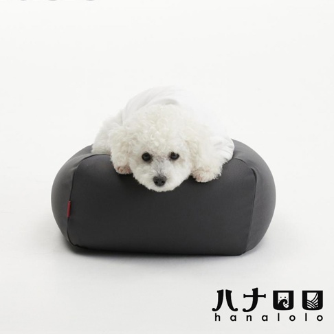 一隻白色捲毛比熊犬趴在灰色的方形懶骨頭沙發上，頭部自然地擱在墊子邊緣，背景為乾淨的白色，圖片右下角標註有日文品牌名稱 hanalolo 字樣。