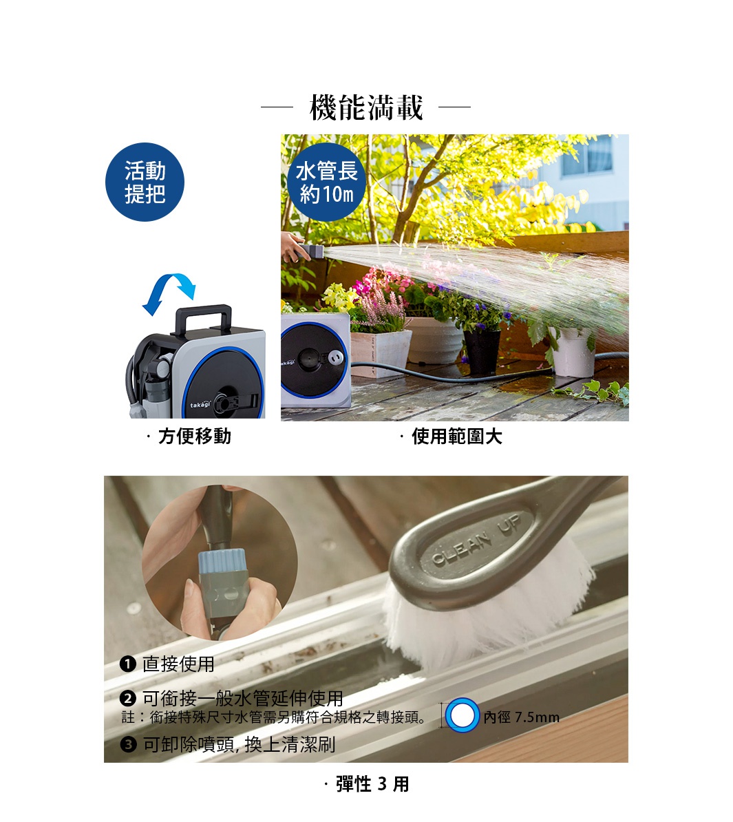 白色與藍色的可移動式水槍收納捲盤，旁邊是正在進行園藝澆水的畫面，水流噴灑在色彩繽紛的花朵上。下方展示了水槍接頭的特寫，以及可替換為清潔刷的設計。