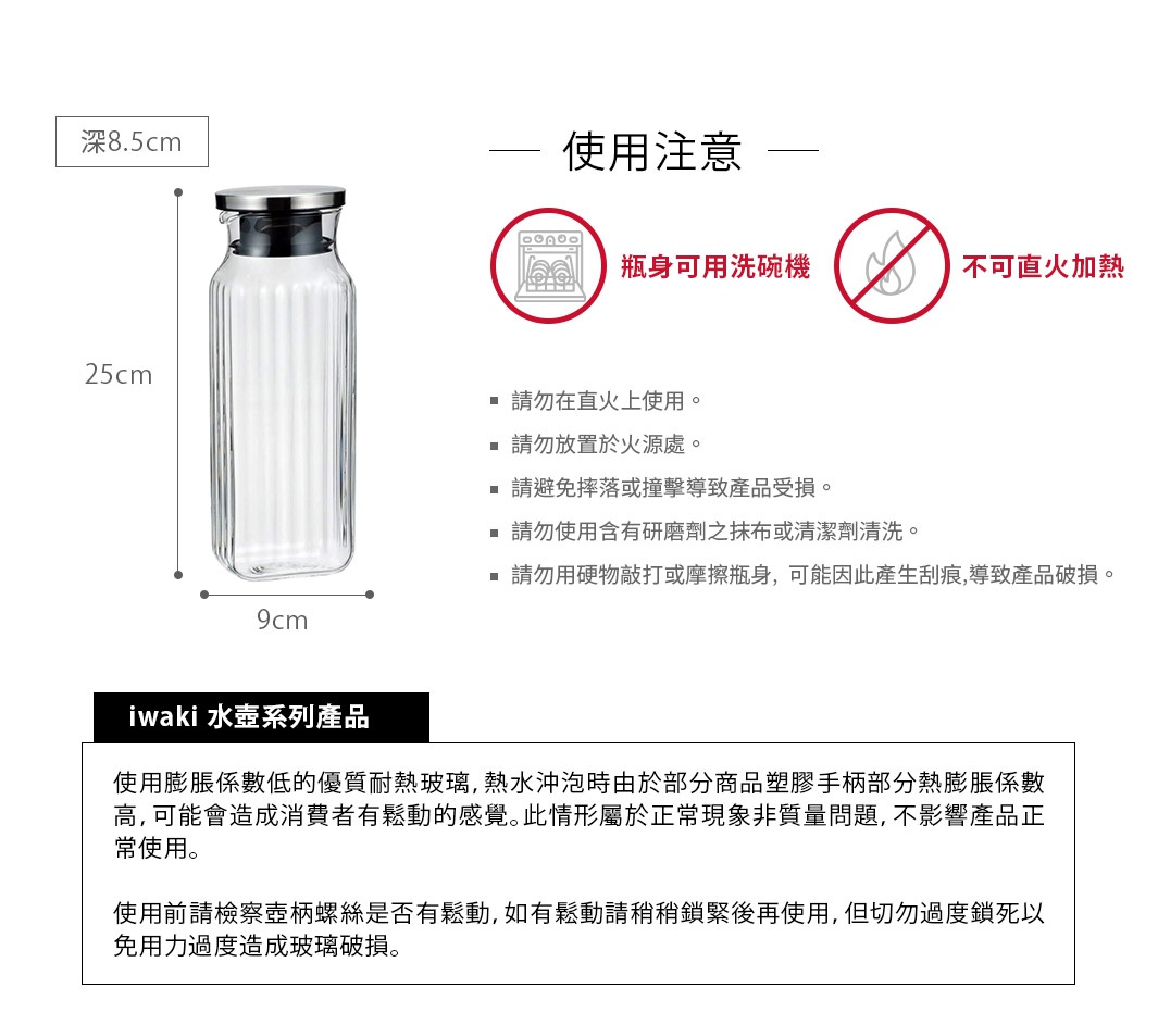 透明直條紋耐熱玻璃水壺，配有不鏽鋼螺旋蓋，瓶身尺寸約為 25 公分高、9 公分寬，深 8.5 公分。