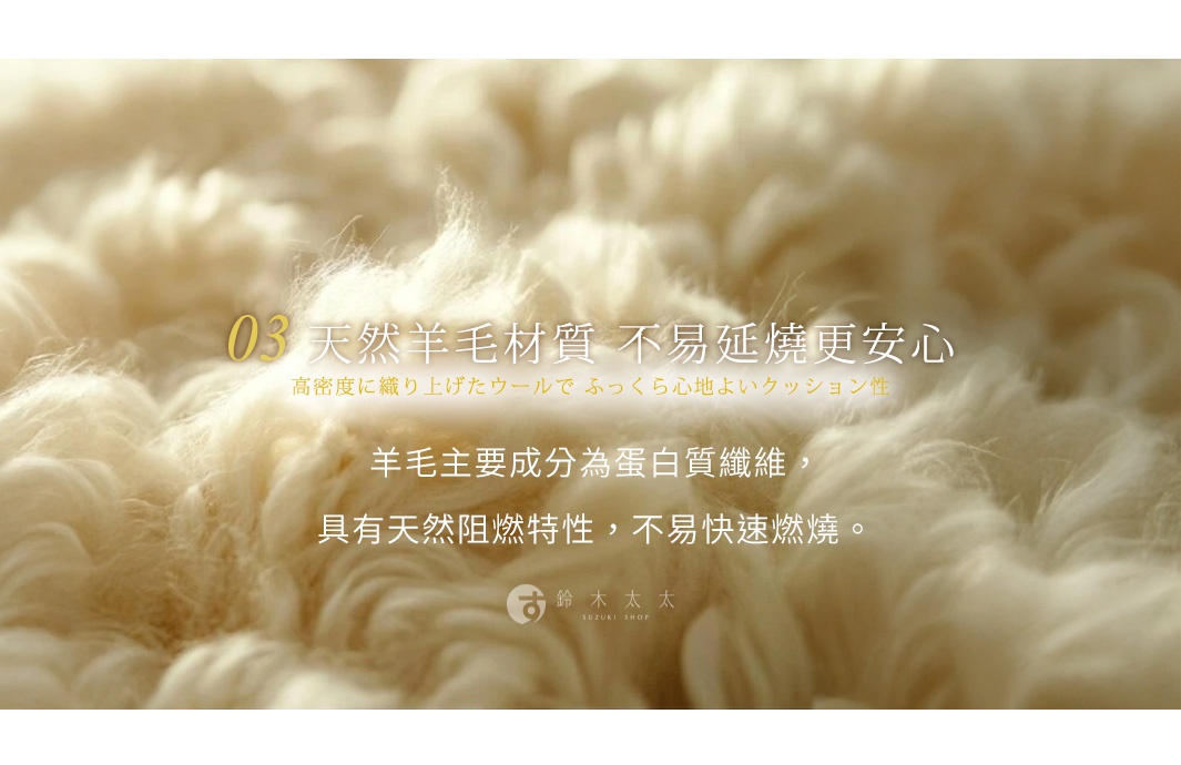 一張特寫鏡頭拍攝的高密度天然羊毛墊，呈現蓬鬆柔軟的質感與象牙白色澤，圖片中央標註了編號03與說明文字，強調天然羊毛成分具有蛋白質纖維與天然阻燃特性，不易快速燃燒，兼具舒適與安全功能。