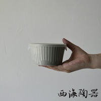 手持一個淺灰色、帶有縱向壓紋的圓形陶瓷微波小碗，碗上有透明的塑膠蓋。