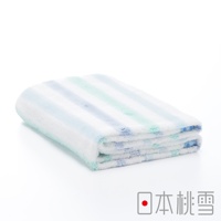 一條對折的今治浴巾，織有寬窄不一的藍色、淺藍色和綠色條紋，材質觸感鬆軟。