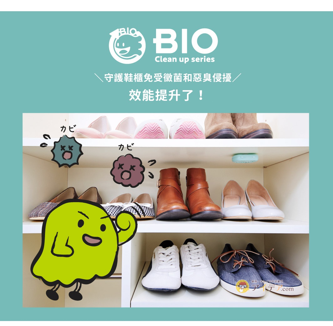 COGIT POWER BIO 長效除臭防霉貼片盒-鞋櫃用-2入，有效抑制鞋櫃黴菌滋生與異味，提升防護力，圖片中展示了貼片在鞋櫃中的應用效果，卡通圖示誇張表現黴菌被趕走的畫面。