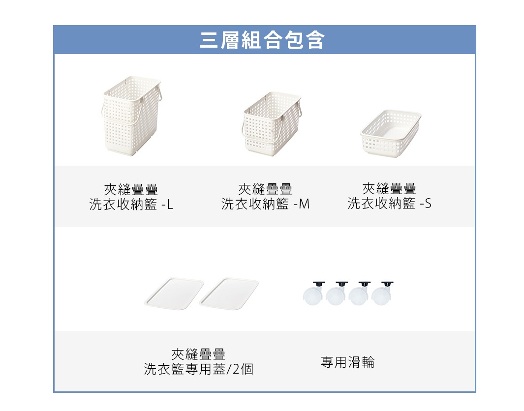 圖片文字：三層組合包含 夾縫疊疊洗衣收納籃-L 夾縫疊疊洗衣收納籃-M 夾縫疊疊洗衣收納籃-S 夾縫疊疊洗衣籃專用蓋/2個 專用滑輪