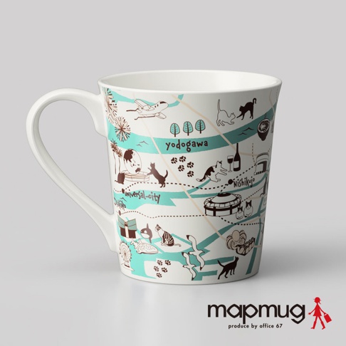 白色陶瓷馬克杯，印有手繪風格的大阪地圖，包含散步的貓咪、飛機、摩天輪、建築和地名，以藍綠色與棕色線條勾勒。
