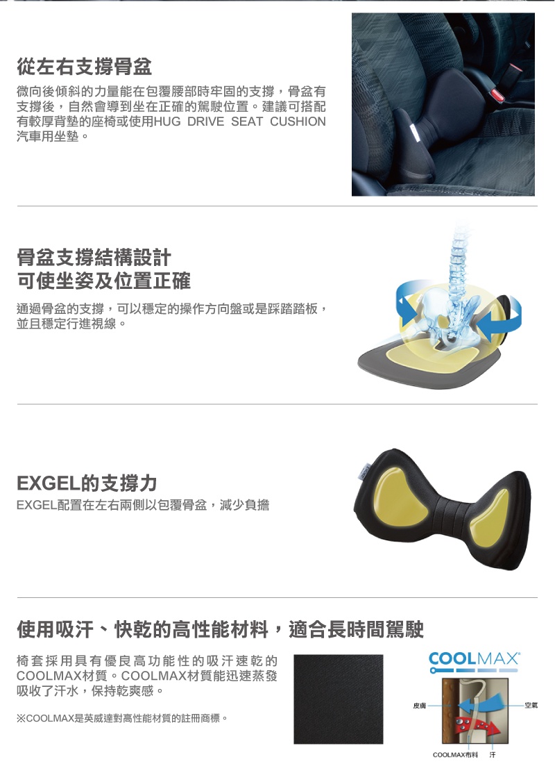 HUG DRIVE LUMBAR CUSHION 汽車用腰墊，黑色，採用吸汗快乾的 COOLMAX 材質，具骨盆支撐結構設計，可使坐姿及位置正確，並配有 EXGEL 凝膠提供支撐。