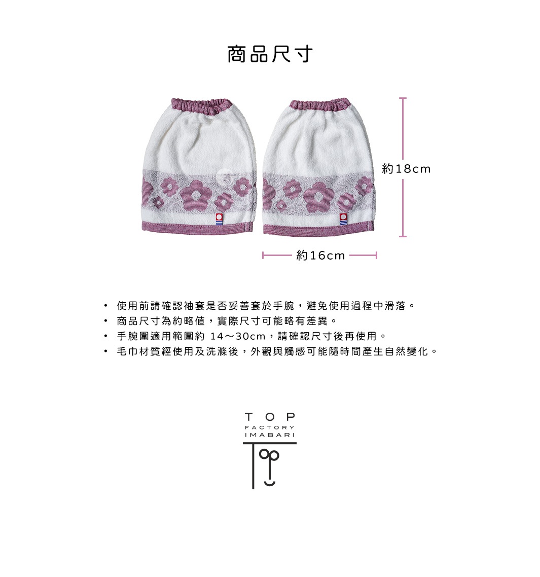 圖片文字：商品尺寸，約18cm，約16cm，使用前請確認袖套是否妥善套於手腕，避免使用過程中滑落。商品尺寸為約略值，實際尺寸可能略有差異。手腕圍適用範圍約14至30cm，請確認尺寸後再使用。毛巾材質經使用及洗滌後，外觀與觸感可能隨時間產生自然變化。TOP FACTORY IMABARI