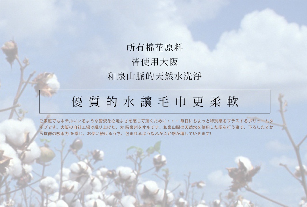 泉州飯店加厚毛巾，材質為棉，呈現柔軟蓬鬆的質感，背景為藍天白雲，並有棉花枝的裝飾。
