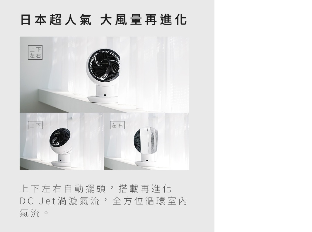 白色 DC 直流馬達空氣循環扇，具備上下及左右自動擺頭功能，前網為黑色柵欄設計，底座為白色圓盤。