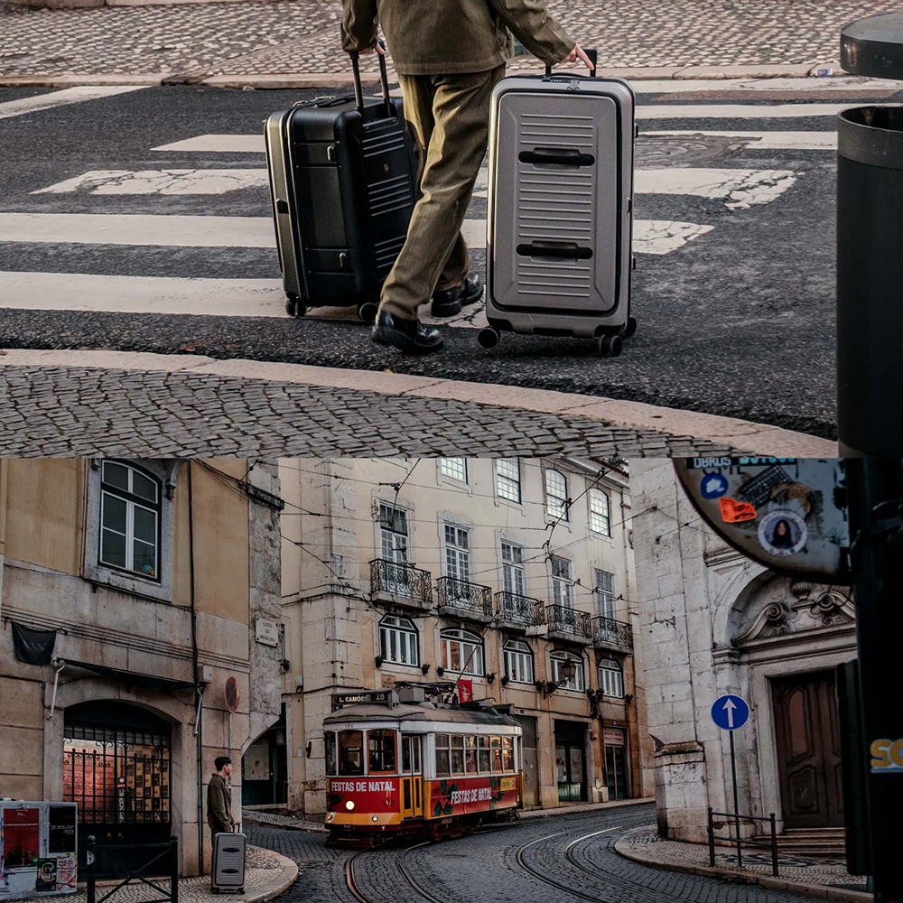 一位身穿橄欖綠外套的旅客正走過橫跨道路的斑馬線，雙手分別推著黑色與銀色的AZPAC胖胖行李箱。另一畫面顯示該名旅客站在充滿異國情調的歐洲街道轉角處，背景有一輛印著節慶裝飾的經典黃色電車緩緩經過，整體氛圍呈現出悠閒的城市旅行感。