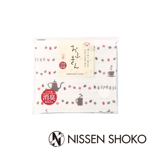 日系風格的廚房拭巾，白色棉紗材質，印有咖啡豆、咖啡壺和咖啡杯圖案，並標示「消臭抗菌」字樣。