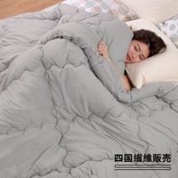 一位女子在灰色棉被中沉睡，旁邊有枕頭，棉被上印有「四國纖維販売」字樣。