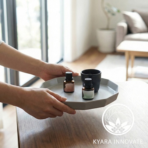 KYARA INNOVATE 品牌陶瓷擴香石，盤子上放著兩個小精油瓶和一個黑色杯子，由雙手托著。
