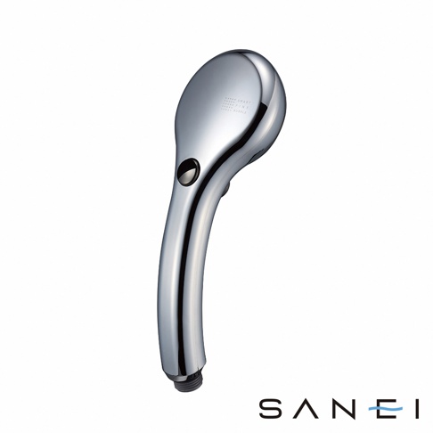 流線型銀色金屬蓮蓬頭，帶有圓形黑色按鈕，噴頭部分印有「SMART FINE BUBBLE」字樣。