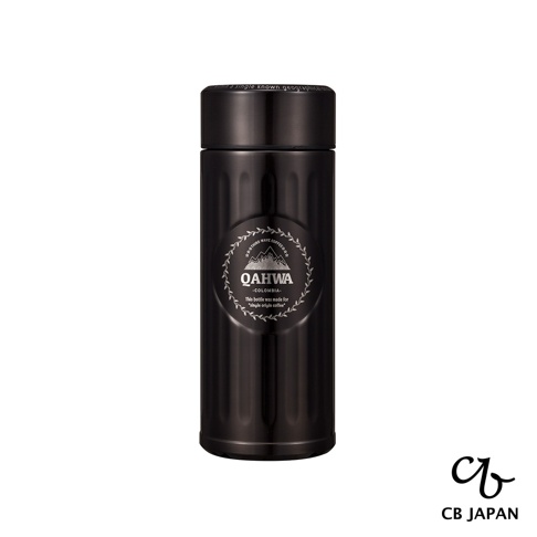 黑色金屬材質的城市咖啡保溫杯，杯身帶有直條紋路，中央圓形標誌印有「QAHWA COLOMBIA」字樣及山峰圖案。