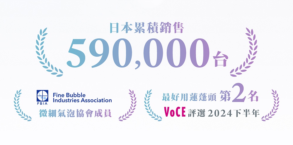 日本累積銷售590,000台，VoCE評選2024下半年最好用蓮蓬頭第2名，Fine Bubble Industries Association 會員