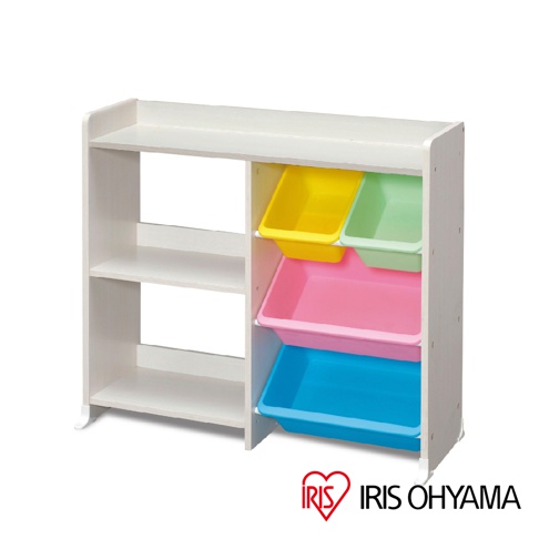 白色塑膠材質的童心玩具收納架，設有左側開放式層架和右側四個不同顏色的收納箱（黃色、淺綠色、粉紅色、藍色）。