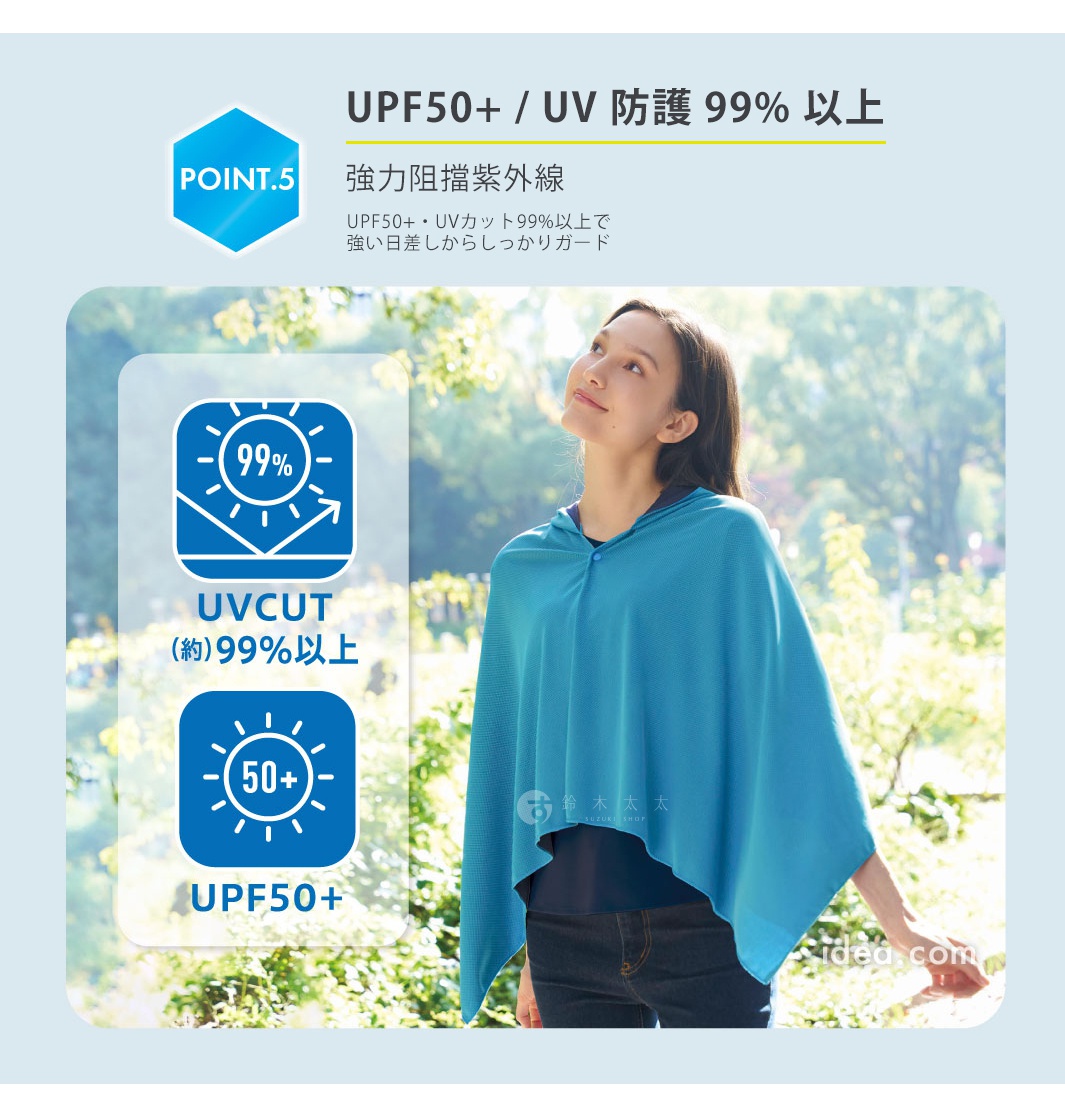 圖片文字：POINT.5 UPF50+ / UV 防護 99% 以上 強力阻擋紫外線 UPF50+・UVカット99%以上で強い日差しからしっかりガード UVCUT(約)99%以上 UPF50+