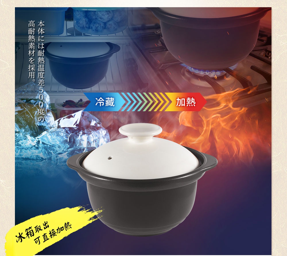 褐白色雙蓋陶鍋，鍋身為啞光黑，鍋蓋為白色，帶有一個白色圓形把手，鍋蓋上有一小孔。背景展示了從冰箱取出冰塊和正在加熱的鍋。