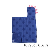 今治純棉藍色連帽浴巾，帶有深藍色圓點圖案，帽子上有粉紅色恐龍尖角裝飾。