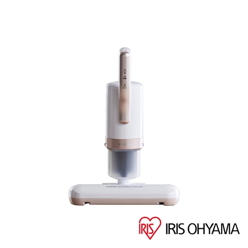 白色與香檳金色的手持式吸塵器，設有透明集塵筒和寬扁的吸頭，手柄處有操作按鈕，整體呈現簡約設計。