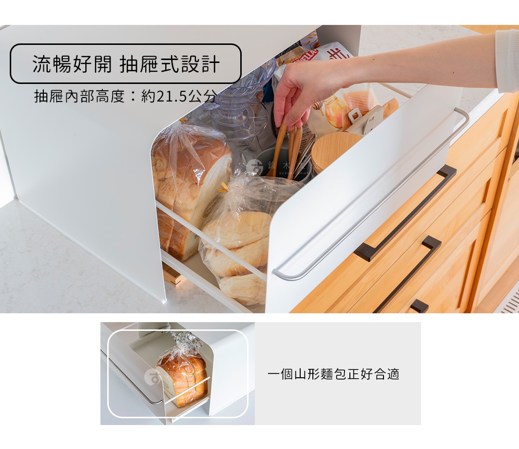 模式B： 一款抽屜式收納櫃，展示櫃內可放入山形吐司，方便取用。