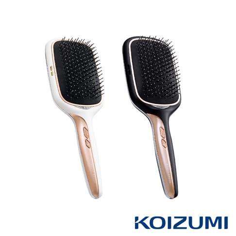 兩款KOIZUMI離子養髮梳，一款為白色搭配玫瑰金飾邊，另一款為黑色搭配玫瑰金飾邊，梳齒為黑色。