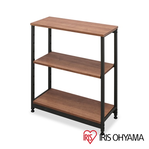 寬型三層鐵木層架，木紋層板搭配黑色金屬框架，結構穩固，簡潔實用。