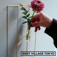 黃銅書本造型的掛壁式花器，搭配玻璃試管，一隻手正將一枝粉紅色花朵與綠葉放入試管中，試管固定在簡約的黃銅框架上。