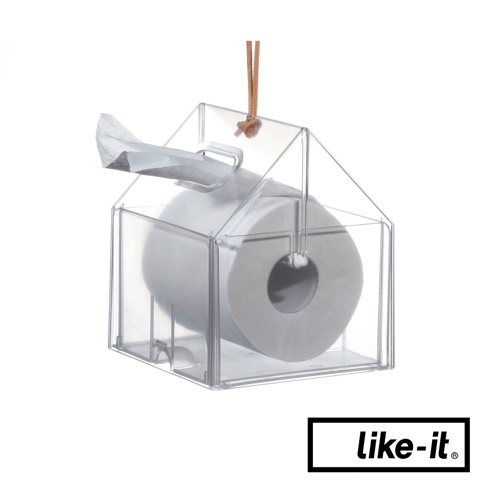 透明壓克力小屋形衛生紙盒，內含一捲白色衛生紙，盒頂有一條棕色皮革掛繩。