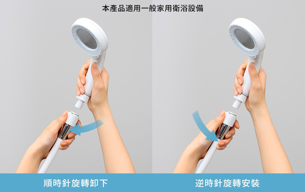 一隻手拿著白色超大圓形蓮蓬頭，另一隻手將金屬接頭連接到蓮蓬頭底部的白色管件上，展示了安裝過程。