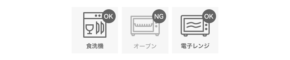 三種圖示，分別為洗碗機（OK）、烤箱（NG）和微波爐（OK），下方並附有日文說明。