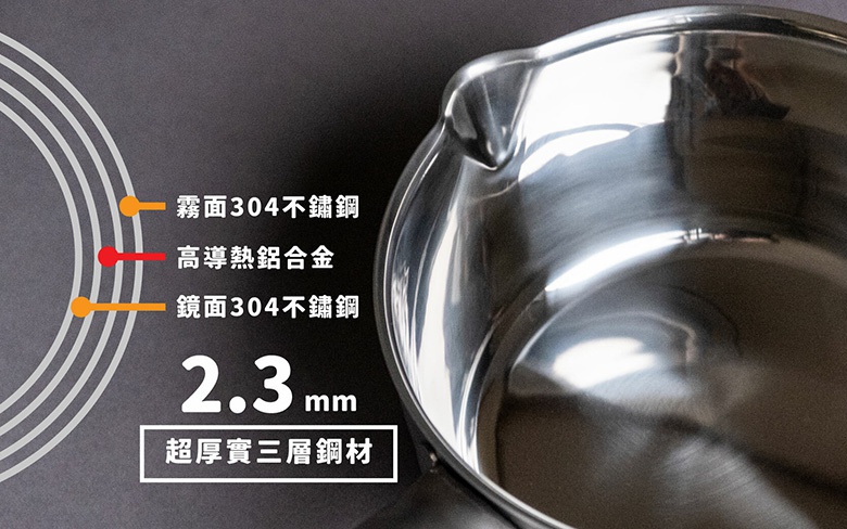 三層不鏽鋼雪平鍋，鍋身為鏡面 304 不鏽鋼材質，內層為霧面 304 不鏽鋼，中間夾層為高導熱鋁合金，厚度 2.3mm。