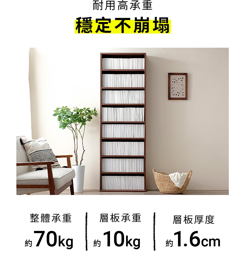 一張深木紋色的高窄型書櫃置於米色牆面旁，書櫃內滿載白色書籍。圖片上方標題寫著耐用高承重與穩定不崩塌，下方標示產品規格，包含整體承重約70公斤、層板承重約10公斤以及層板厚度約1.6公分。